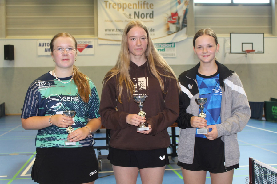 (Platzierungen 1 bis 3, Mädchen 19), sind zu sehen, von links nach rechts: Jula Piechura (MTV Bokel), Johanna Jahnke (ATS Cuxhaven), Leni Struß (TuSG Ritterhude)